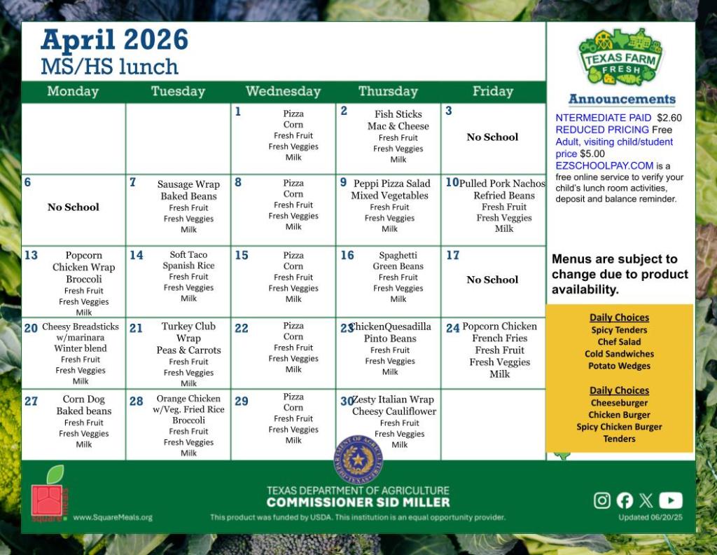 April lunch menu for middle school and high school